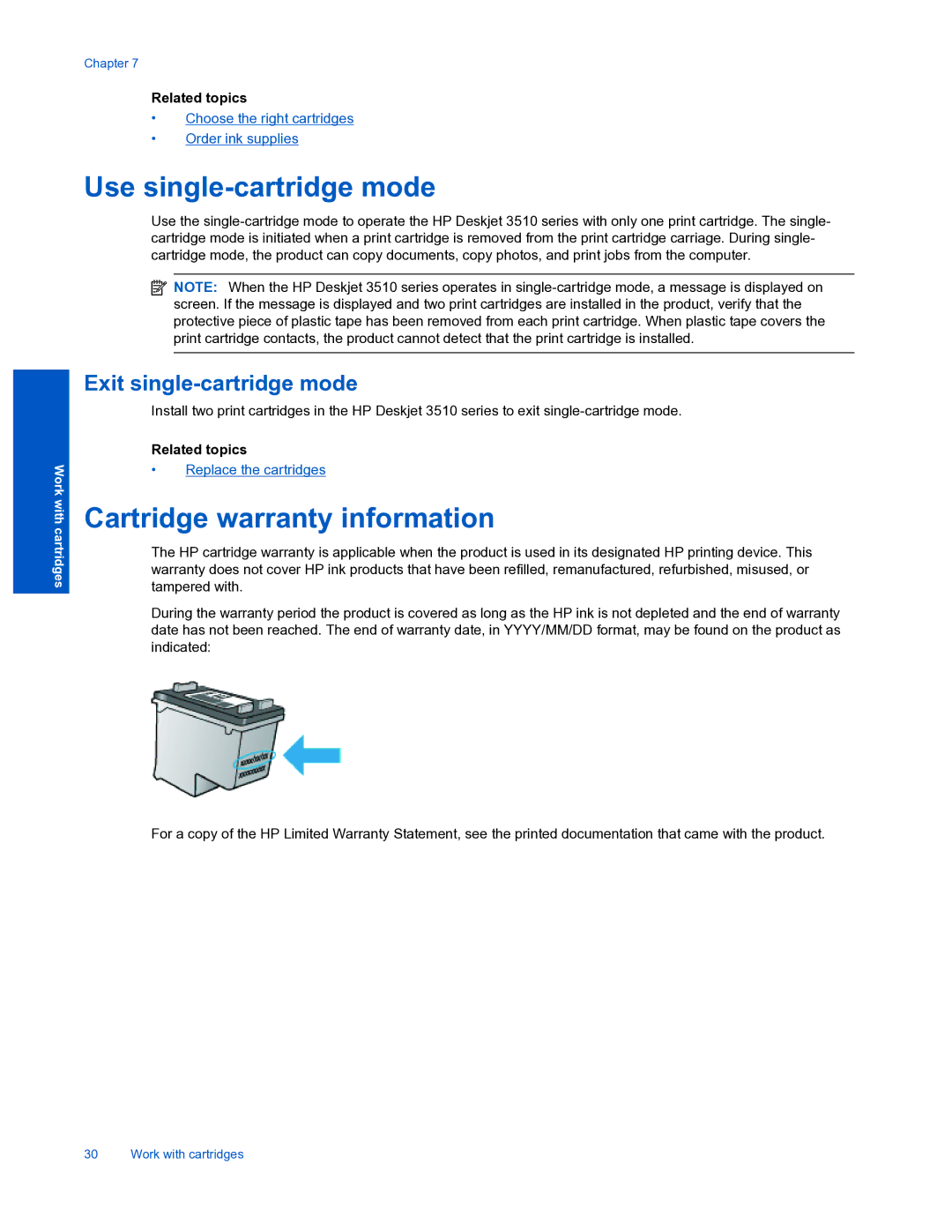 HP 3510 manual Use single-cartridge mode, Cartridge warranty information 