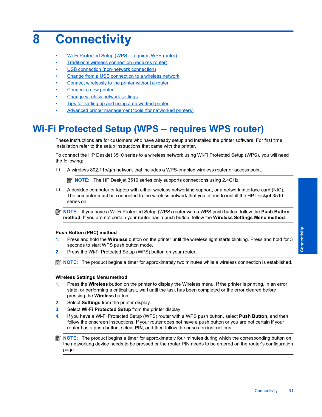 HP 3510 Connectivity, Wi-Fi Protected Setup WPS requires WPS router, Push Button PBC method, Wireless Settings Menu method 