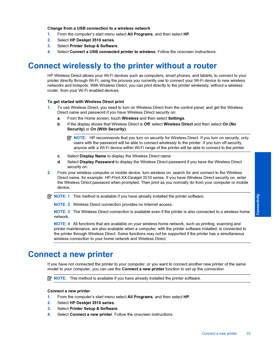 HP 3510 manual Connect wirelessly to the printer without a router, Connect a new printer 