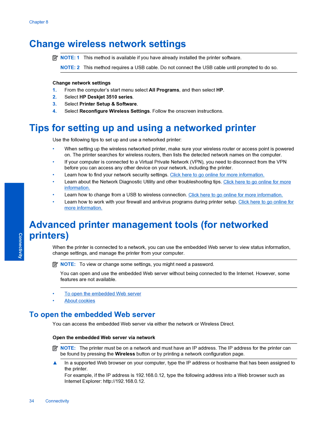 HP 3510 manual Change wireless network settings, Tips for setting up and using a networked printer, Change network settings 