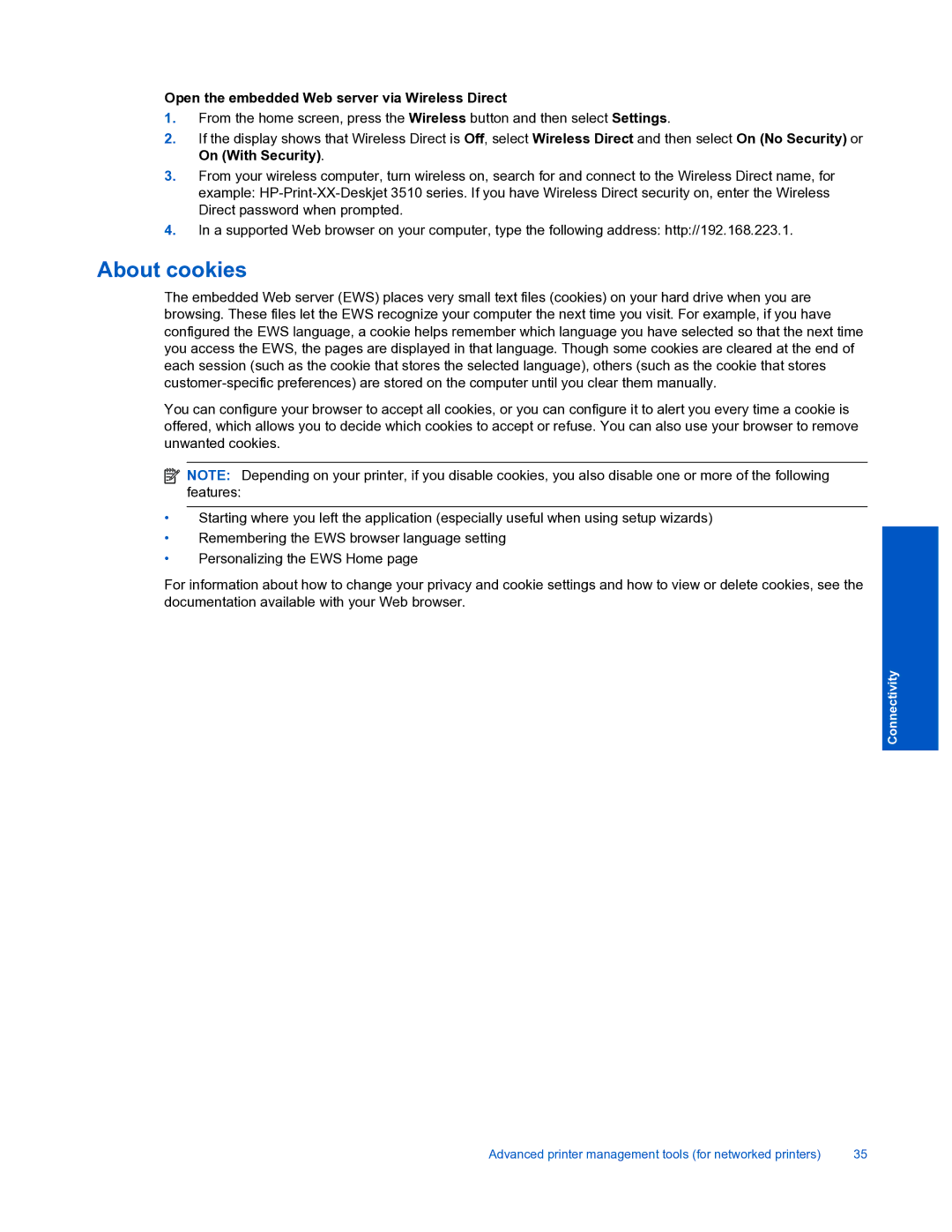 HP 3510 manual About cookies, Open the embedded Web server via Wireless Direct 