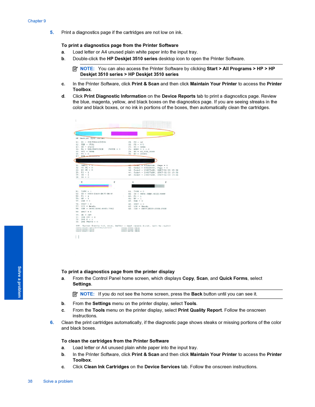 HP 3510 manual To print a diagnostics page from the Printer Software, To print a diagnostics page from the printer display 