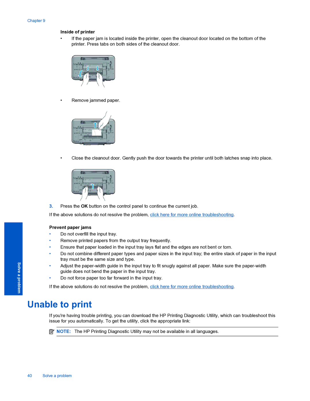 HP 3510 manual Unable to print, Inside of printer, Prevent paper jams 