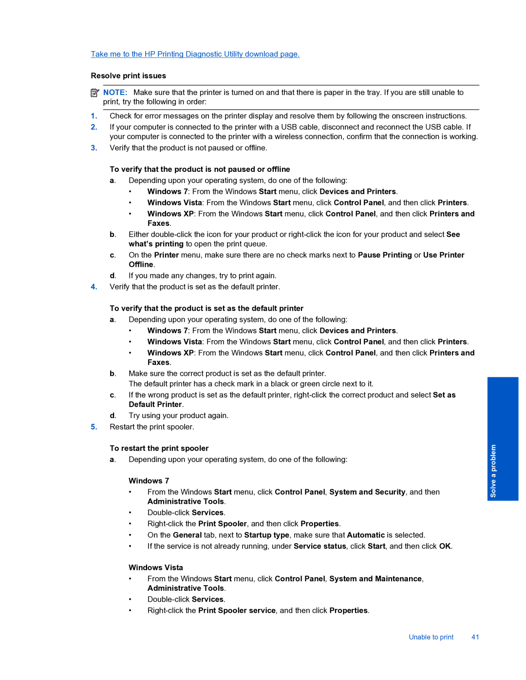 HP 3510 manual Resolve print issues, To verify that the product is not paused or offline, Faxes, Offline, Default Printer 