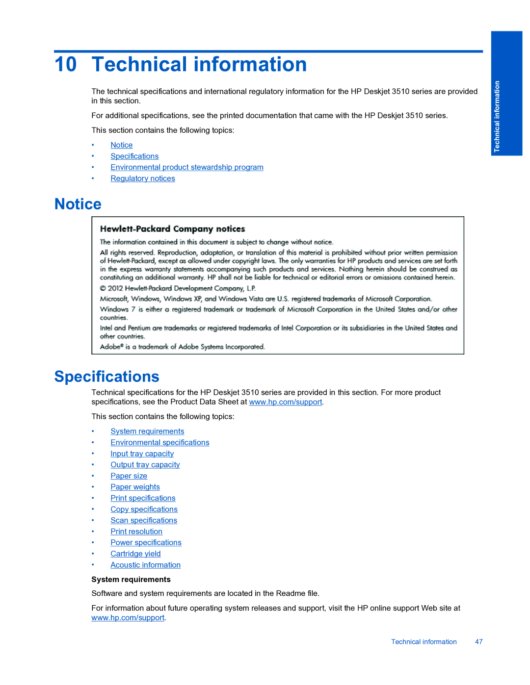 HP 3510 manual Technical information, Specifications, System requirements 