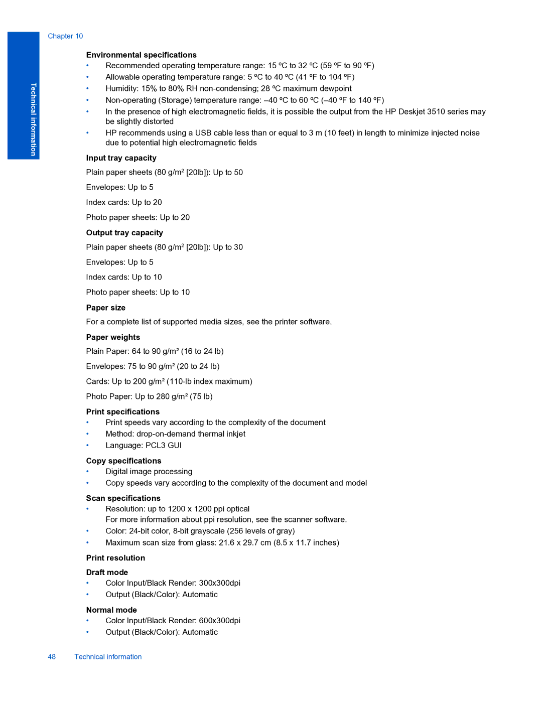 HP 3510 Environmental specifications, Input tray capacity, Output tray capacity, Paper size, Paper weights, Normal mode 