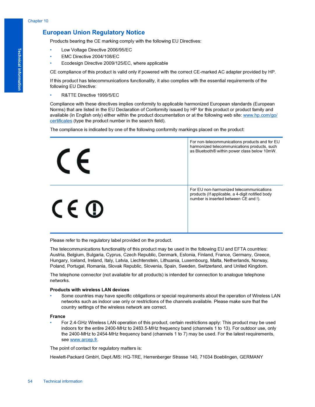 HP 3510 manual Products with wireless LAN devices, France 