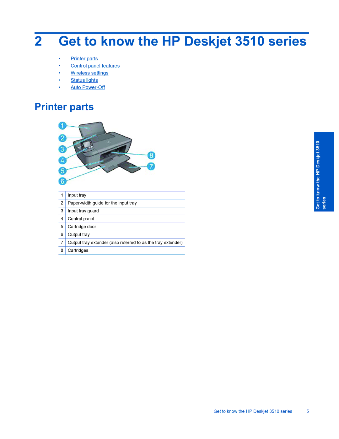 HP manual Get to know the HP Deskjet 3510 series, Printer parts 