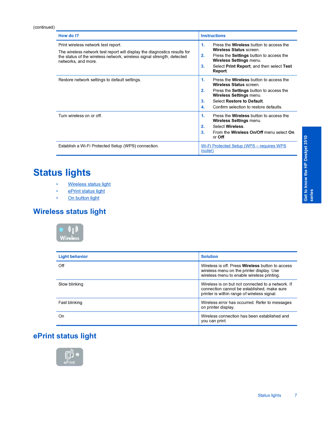 HP 3510 manual Status lights, Select Restore to Default 