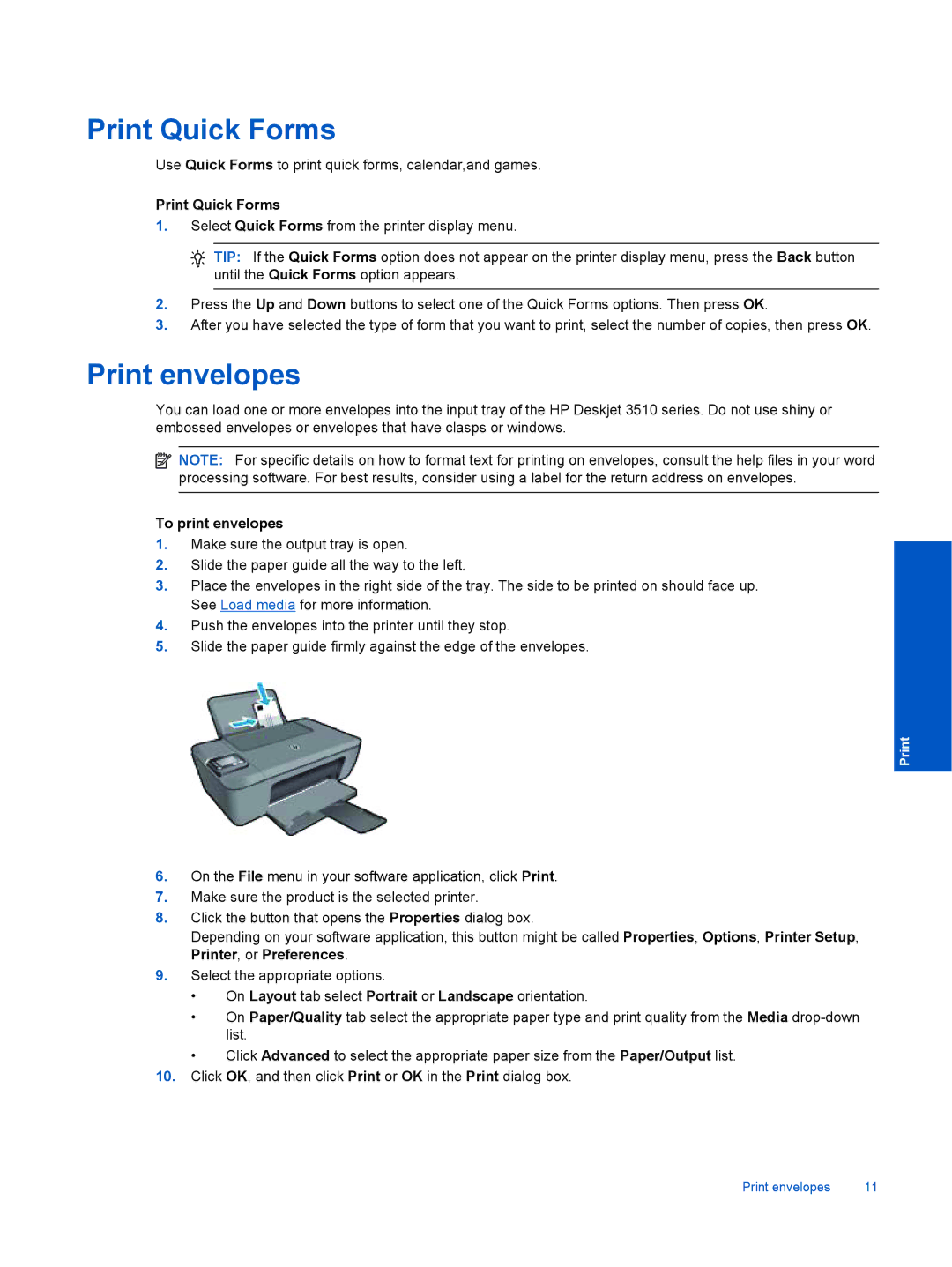 HP 3511, 3512, 3510 manual Print Quick Forms, Print envelopes, To print envelopes 