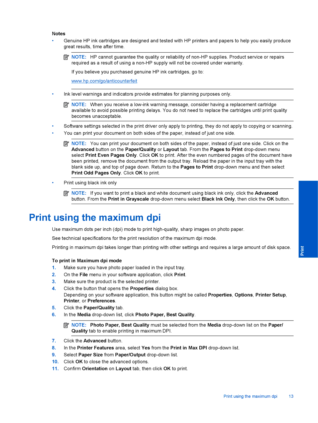 HP 3512 Print using the maximum dpi, To print in Maximum dpi mode, Media drop-down list, click Photo Paper, Best Quality 