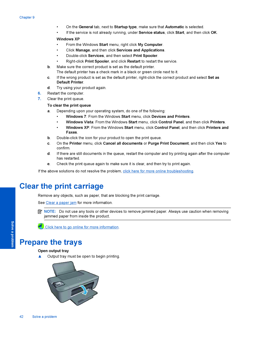 HP 3510, 3512, 3511 manual Clear the print carriage, Prepare the trays 