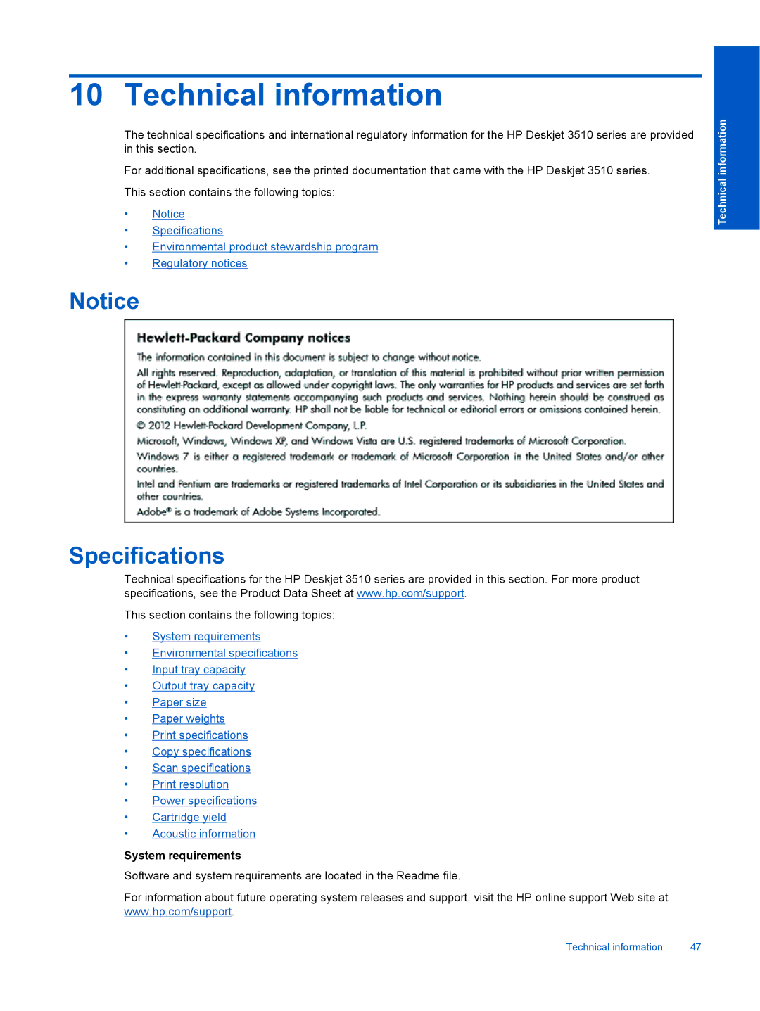 HP 3511, 3512, 3510 manual Technical information, Specifications, System requirements 