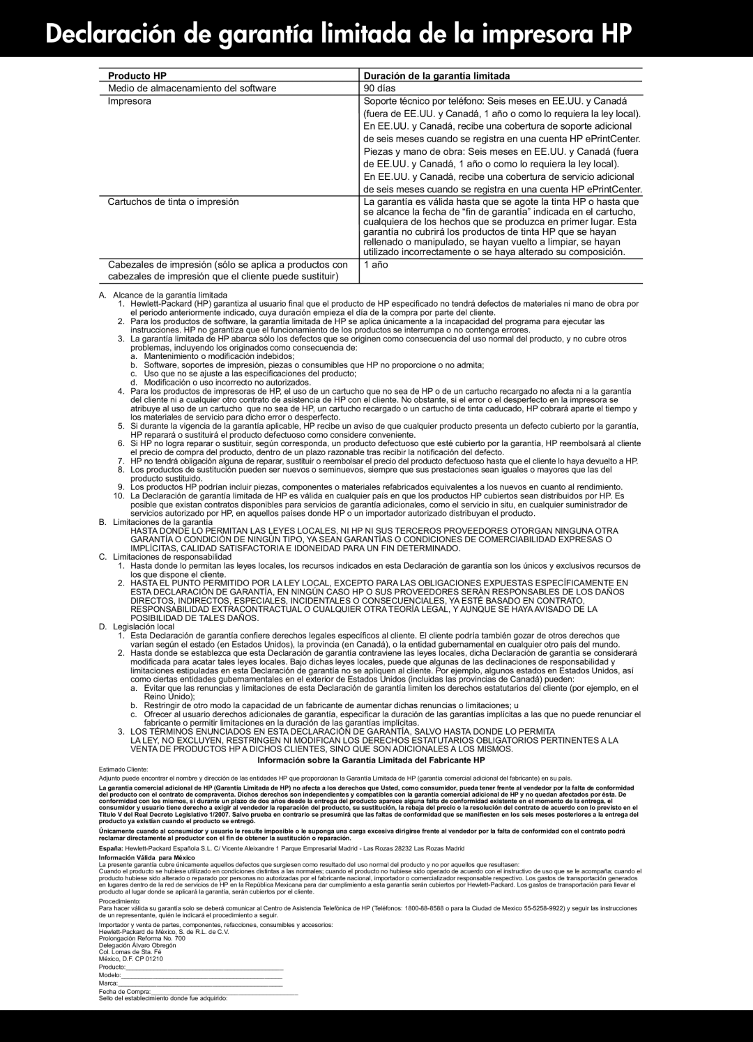HP 3512, 3511 manual Declaración de garantía limitada de la impresora HP, Producto HP Duración de la garantía limitada 