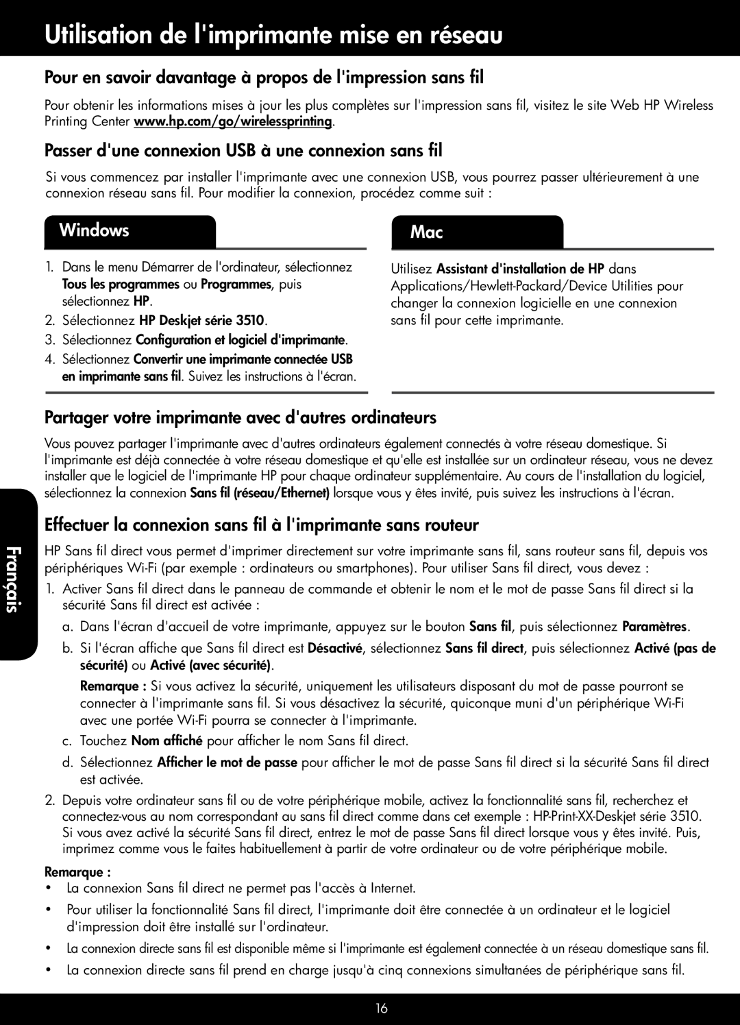 HP 3512, 3511 manual Utilisation de limprimante mise en réseau, Partager votre imprimante avec dautres ordinateurs 