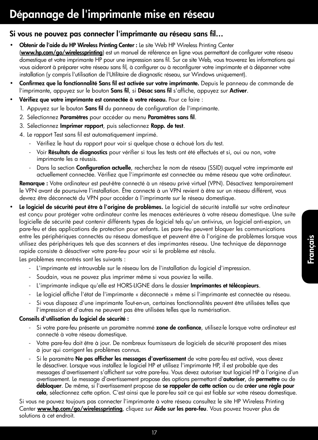 HP 3511, 3512 manual Dépannage de limprimante mise en réseau 