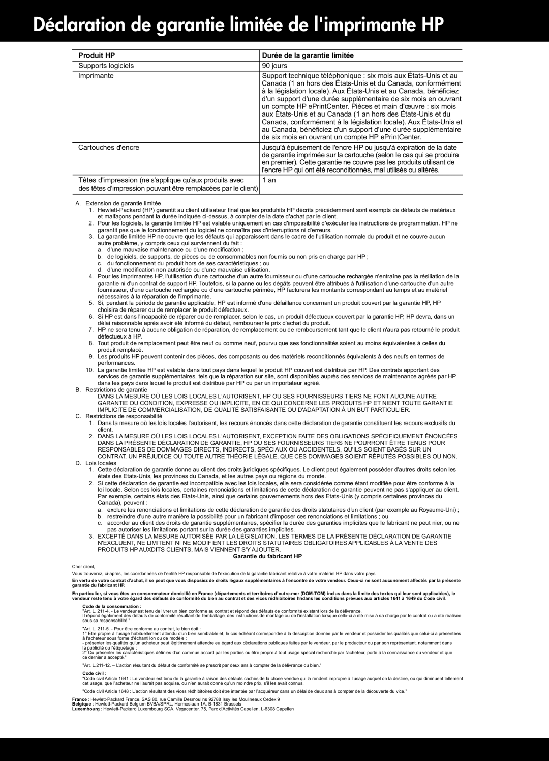 HP 3512, 3511 manual Déclaration de garantie limitée de limprimante HP, Produit HP Durée de la garantie limitée 