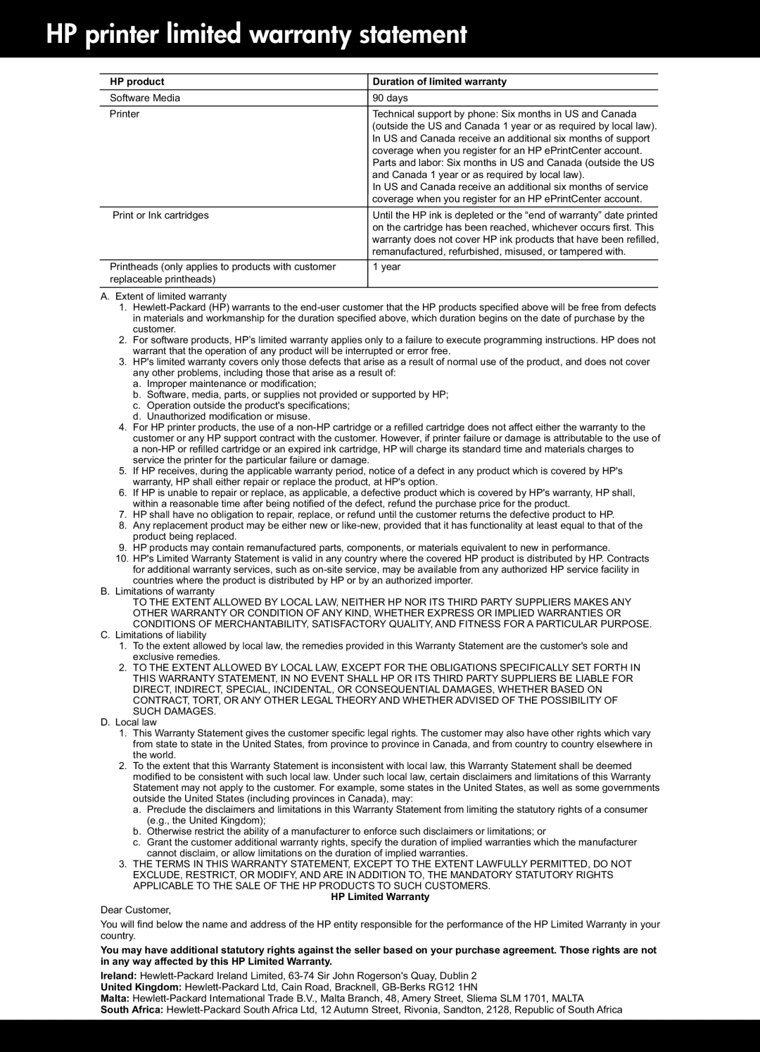 HP 3512, 3511 manual HP printer limited warranty statement, HP product Duration of limited warranty 