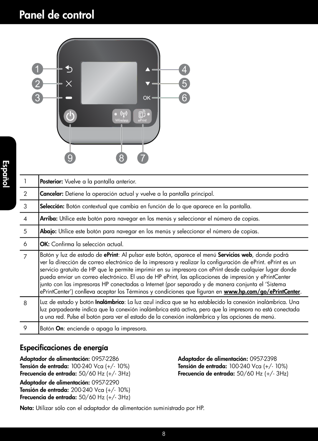 HP 3512, 3511 manual Panel de control, Especificaciones de energía 