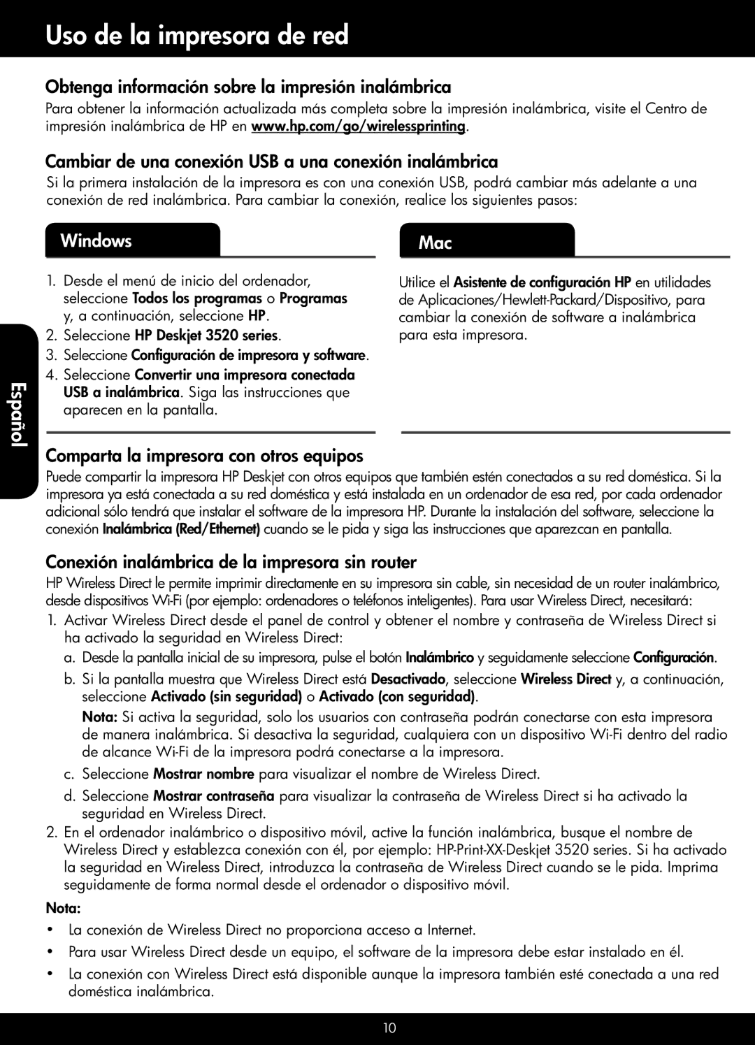 HP 3522, 3521, 3526, 3520 manual Uso de la impresora de red, Comparta la impresora con otros equipos 