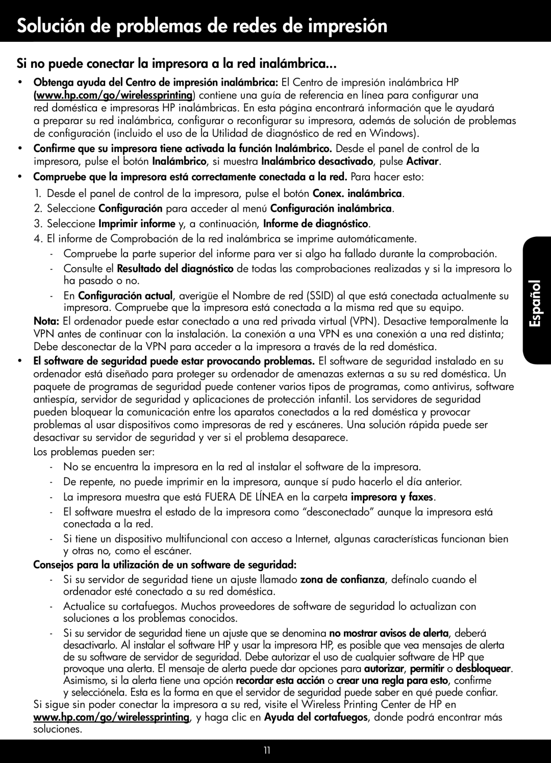 HP 3520, 3521, 3526 Solución de problemas de redes de impresión, Si no puede conectar la impresora a la red inalámbrica 