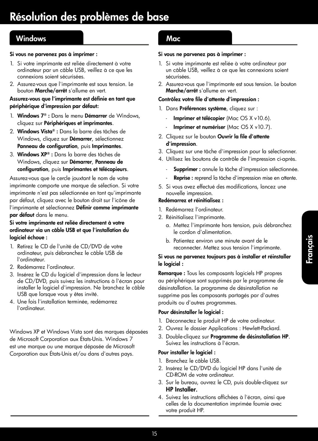 HP 3520, 3521, 3526, 3522 manual Résolution des problèmes de base, HP Installer 