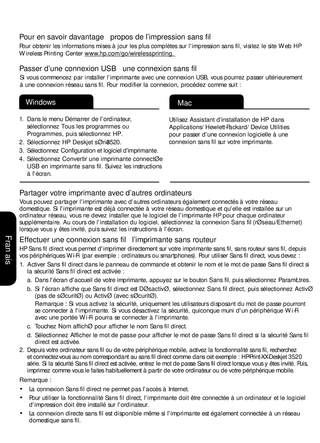 HP 3521, 3526, 3522 Utilisation de limprimante mise en réseau, Pour en savoir davantage à propos de limpression sans fil 