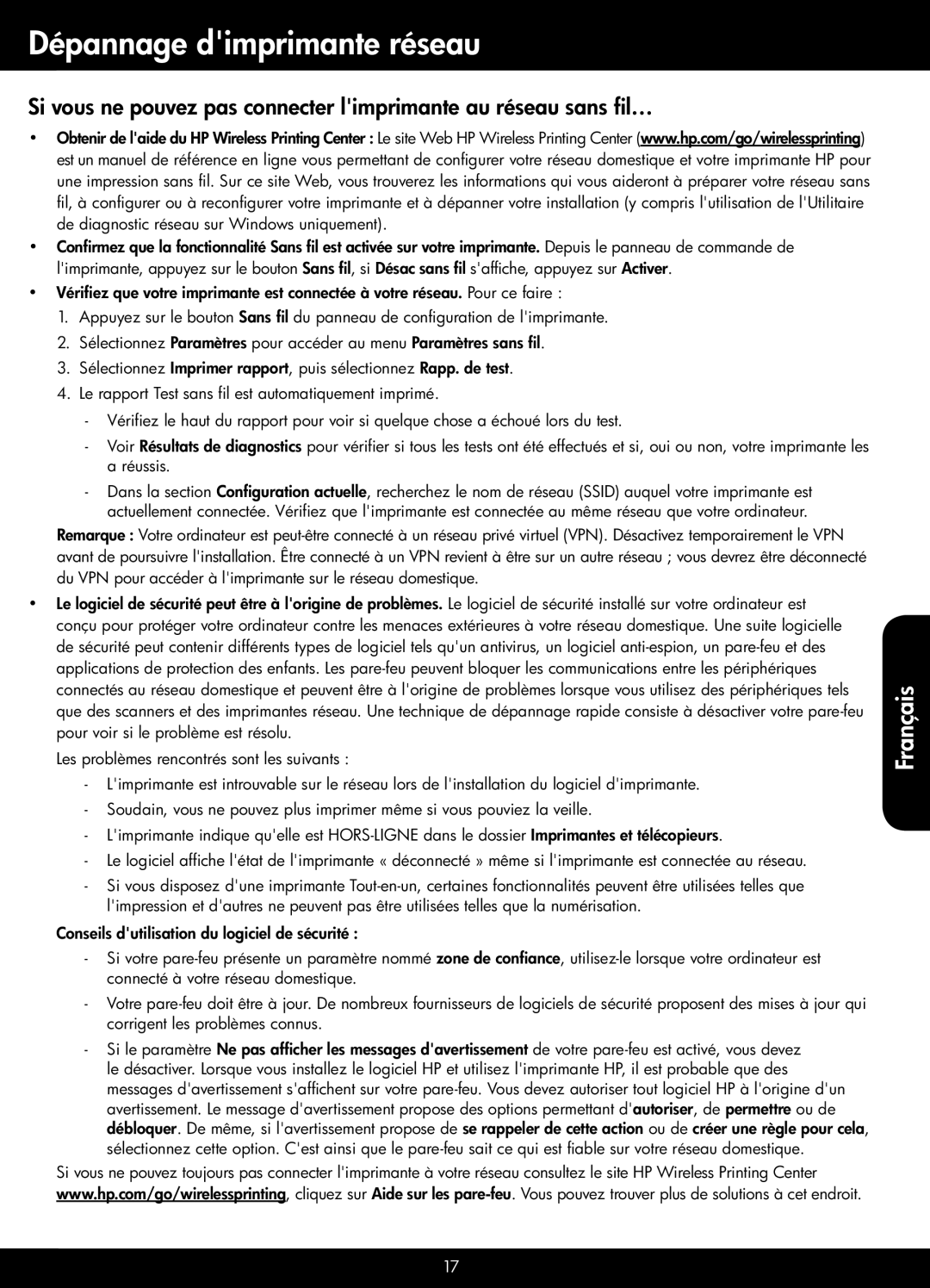 HP 3526, 3521, 3522, 3520 manual Dépannage dimprimante réseau 