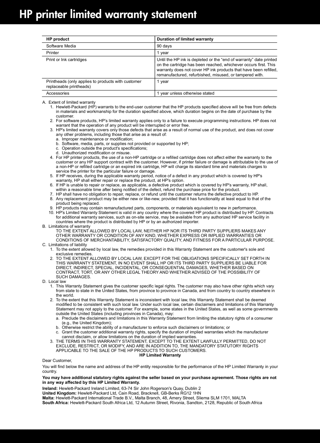 HP 3522, 3521, 3526, 3520 manual HP printer limited warranty statement, HP product Duration of limited warranty 