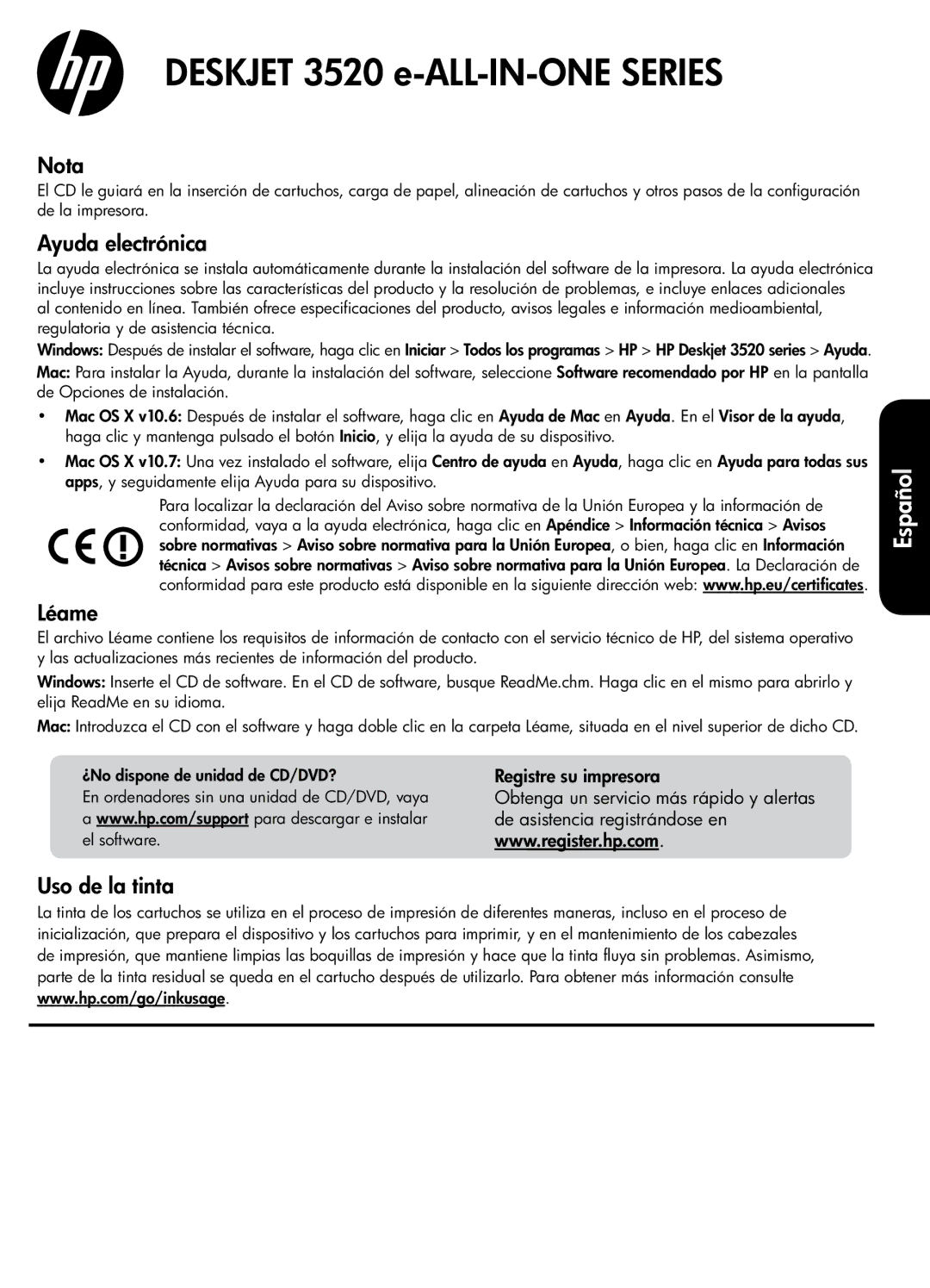 HP 3520, 3521, 3526, 3522 manual Nota, Ayuda electrónica, Léame, Uso de la tinta 