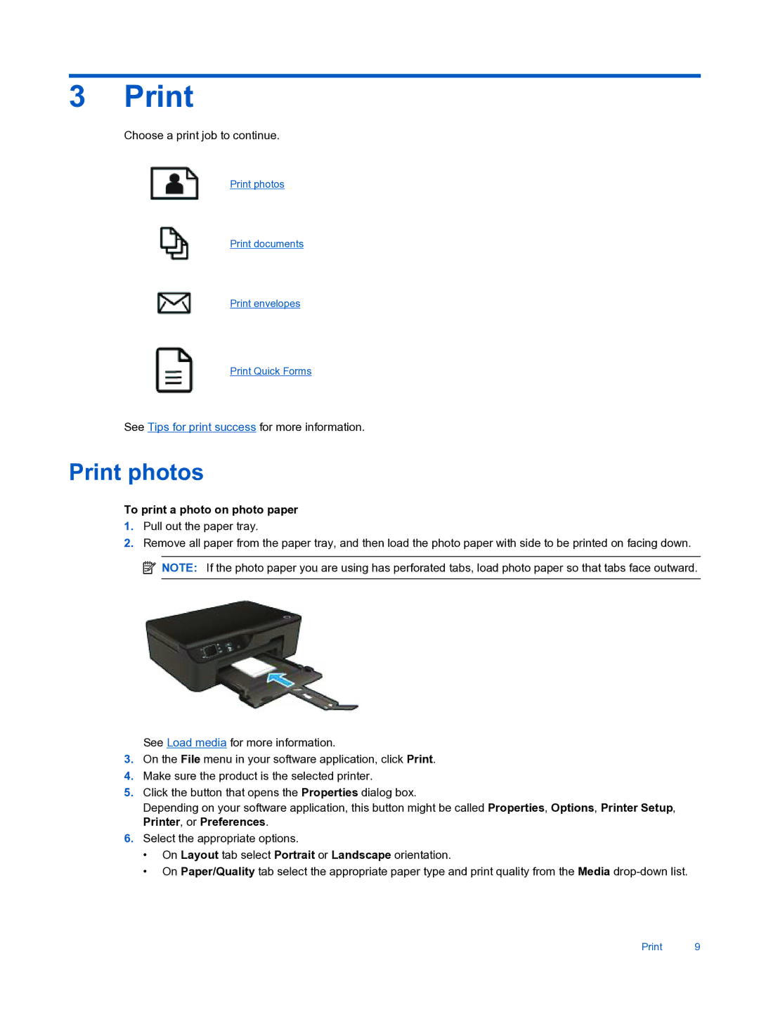 HP 3522, 3526 manual Print photos, To print a photo on photo paper 