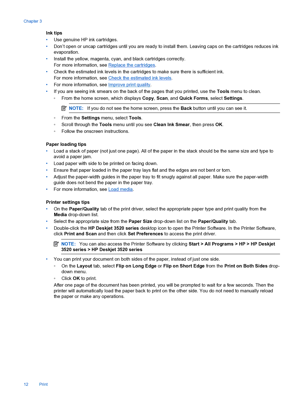 HP 3526, 3522 manual Ink tips, Paper loading tips, Printer settings tips 