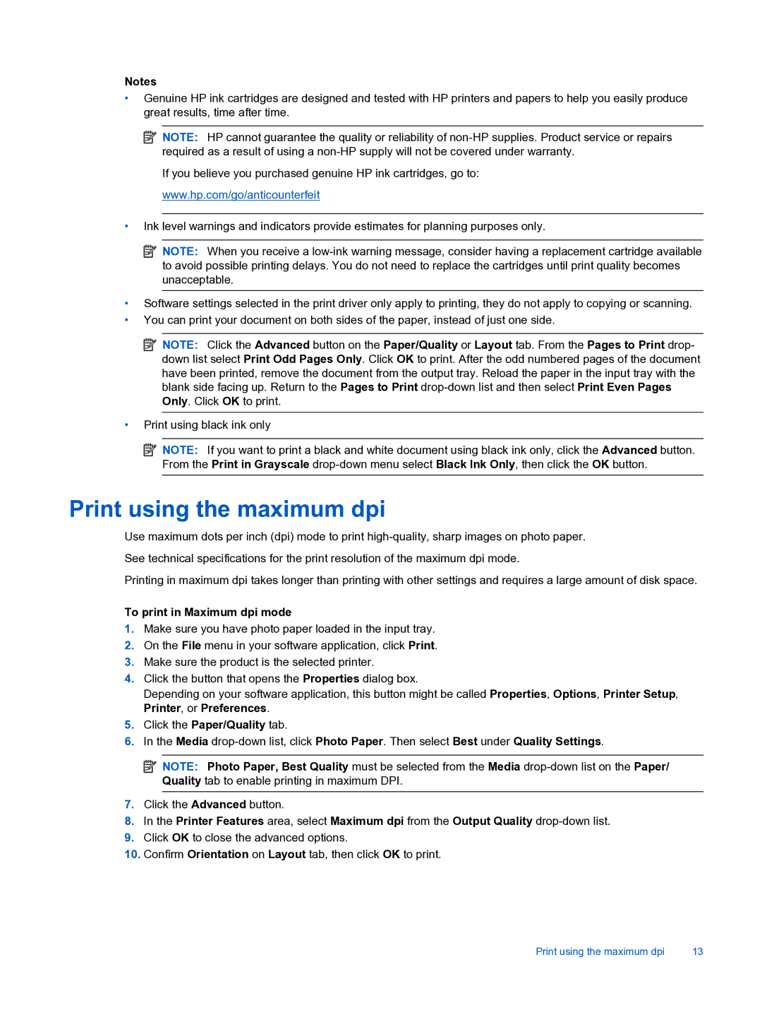 HP 3522, 3526 manual Print using the maximum dpi, To print in Maximum dpi mode 