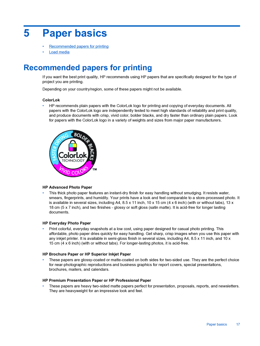 HP 3522, 3526 manual Paper basics, Recommended papers for printing 