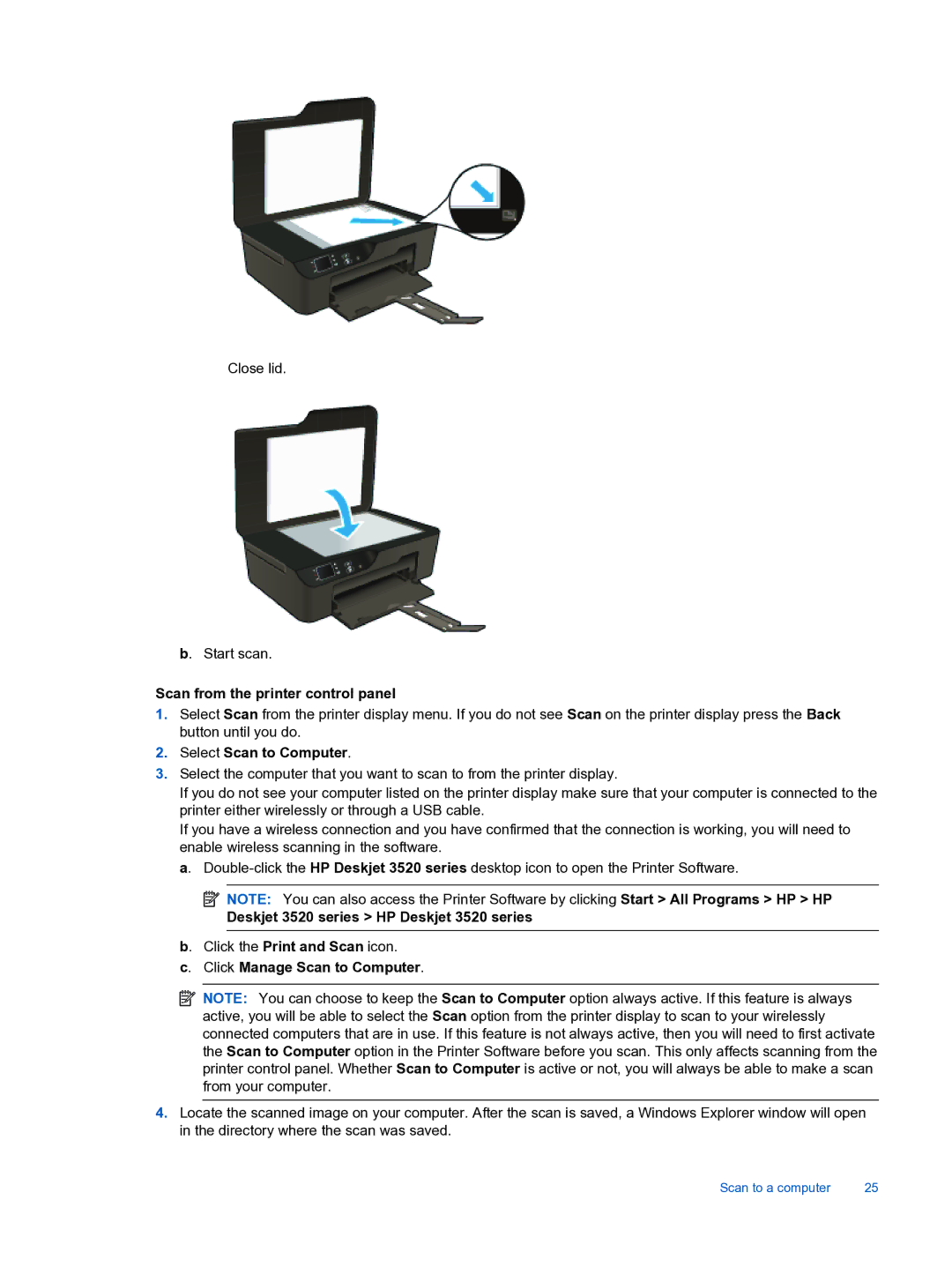 HP 3522, 3526 Scan from the printer control panel, Select Scan to Computer, Deskjet 3520 series HP Deskjet 3520 series 