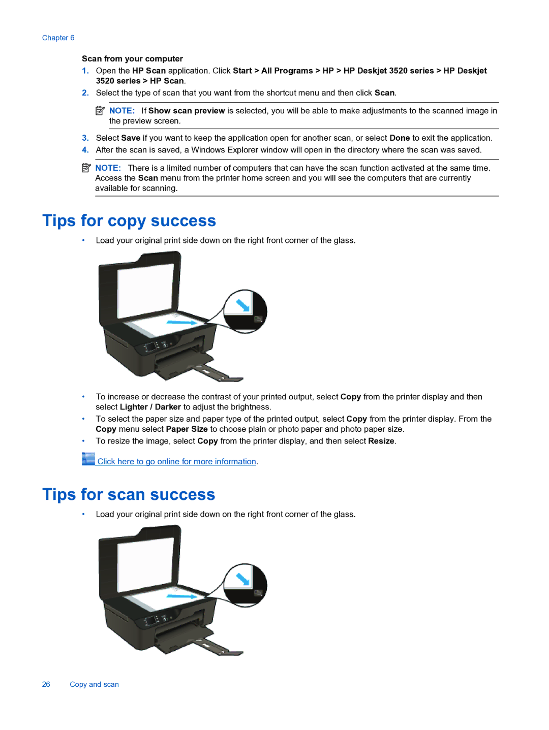 HP 3526, 3522 manual Tips for copy success, Tips for scan success 