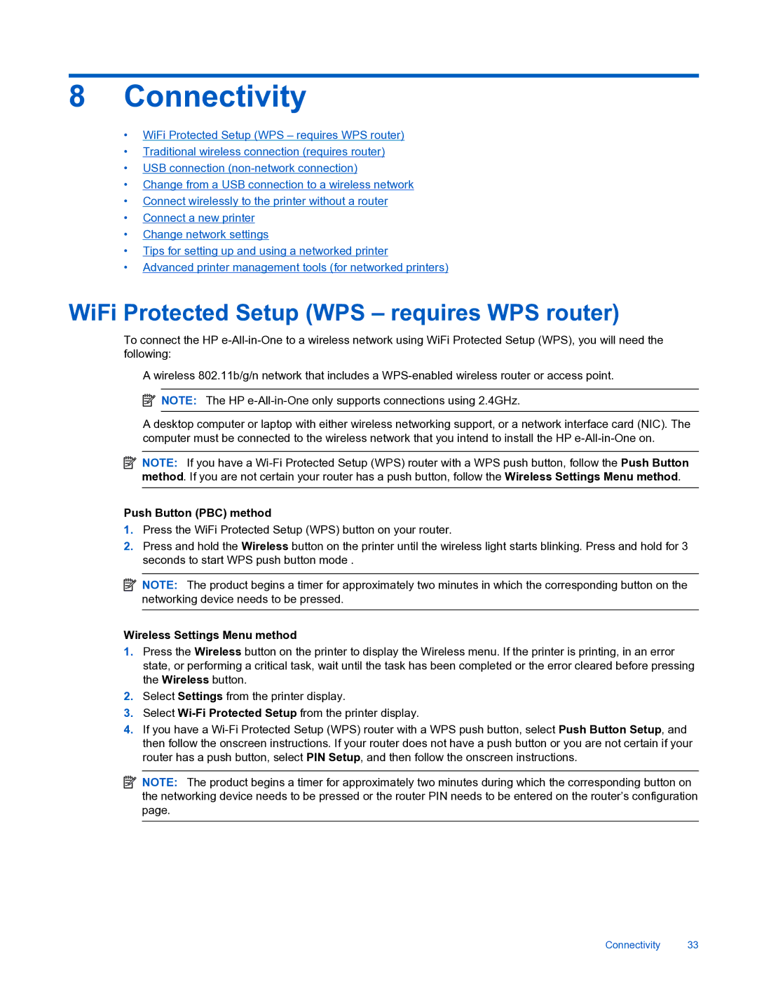 HP 3522 Connectivity, WiFi Protected Setup WPS requires WPS router, Push Button PBC method, Wireless Settings Menu method 