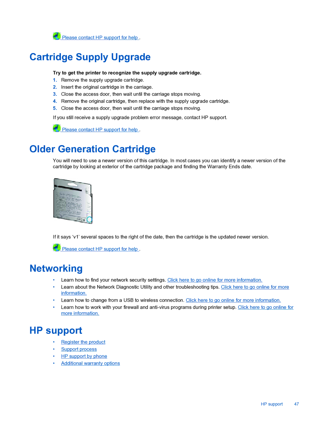 HP 3522, 3526 manual Cartridge Supply Upgrade, Older Generation Cartridge, Networking, HP support 