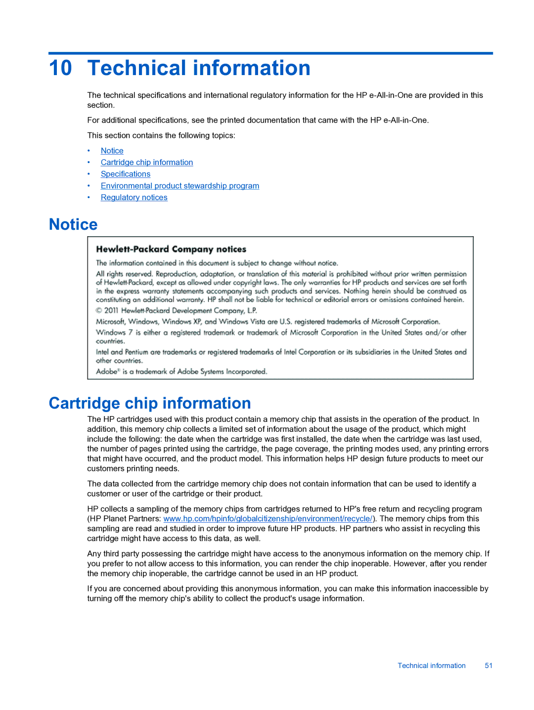 HP 3522, 3526 manual Technical information, Cartridge chip information 