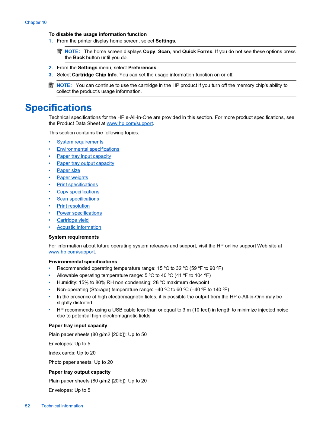 HP 3526, 3522 Specifications, To disable the usage information function, System requirements Environmental specifications 