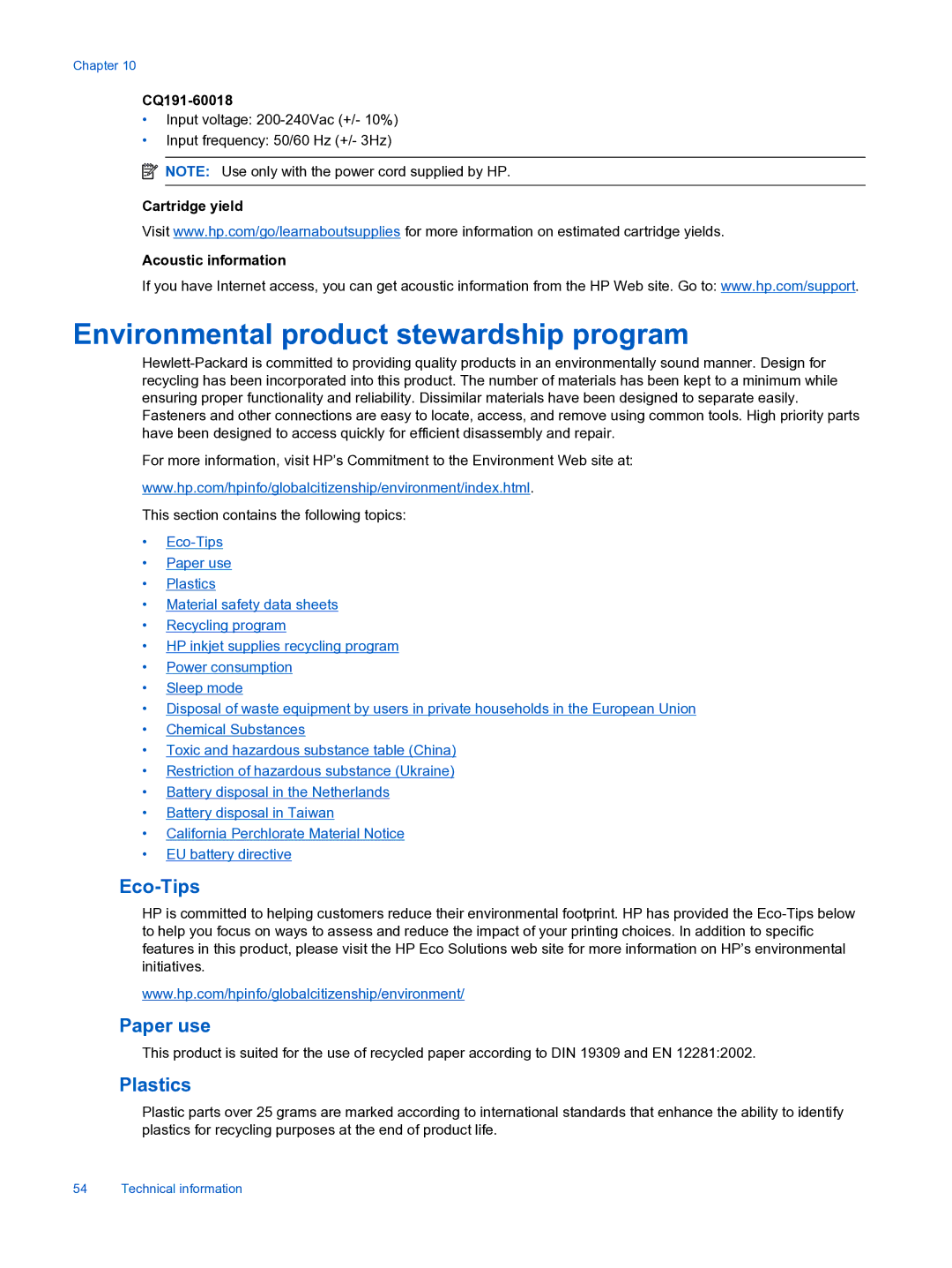 HP 3526, 3522 manual Environmental product stewardship program, CQ191-60018, Cartridge yield Acoustic information 