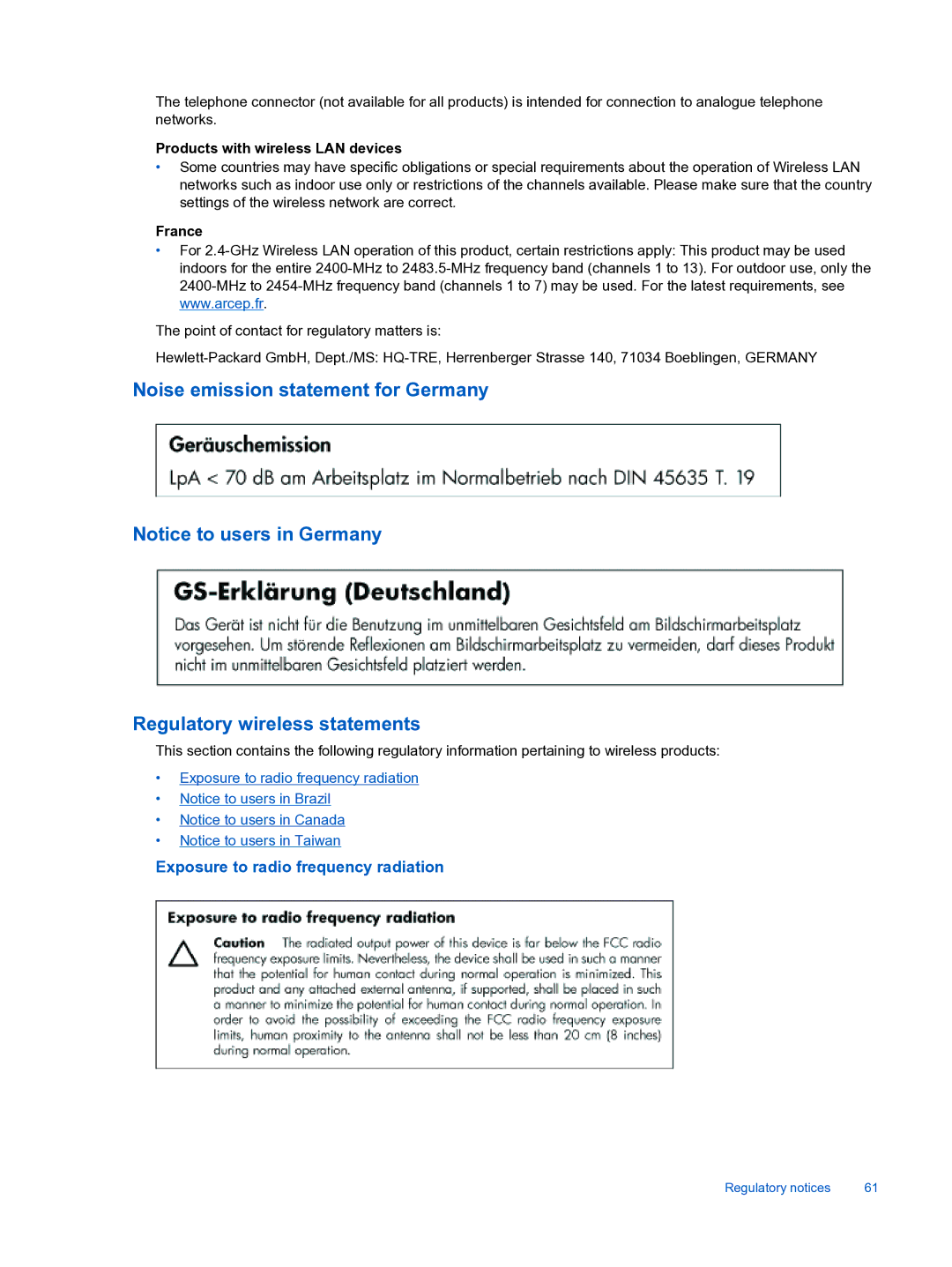 HP 3522, 3526 manual Products with wireless LAN devices, France 