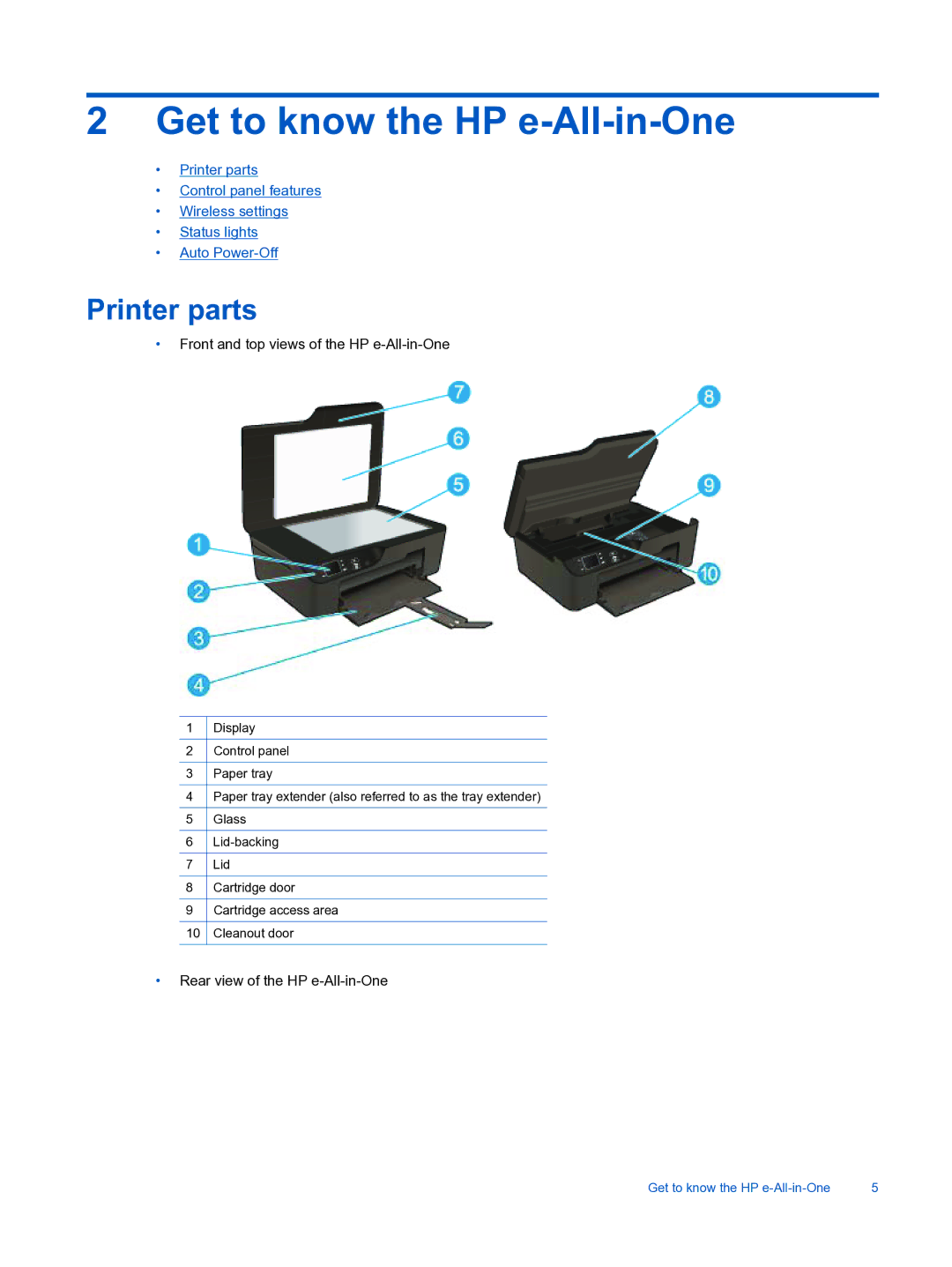 HP 3522, 3526 manual Get to know the HP e-All-in-One, Printer parts 