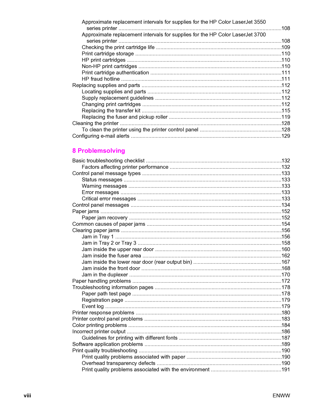 HP 3550 manual Problemsolving, Viii 