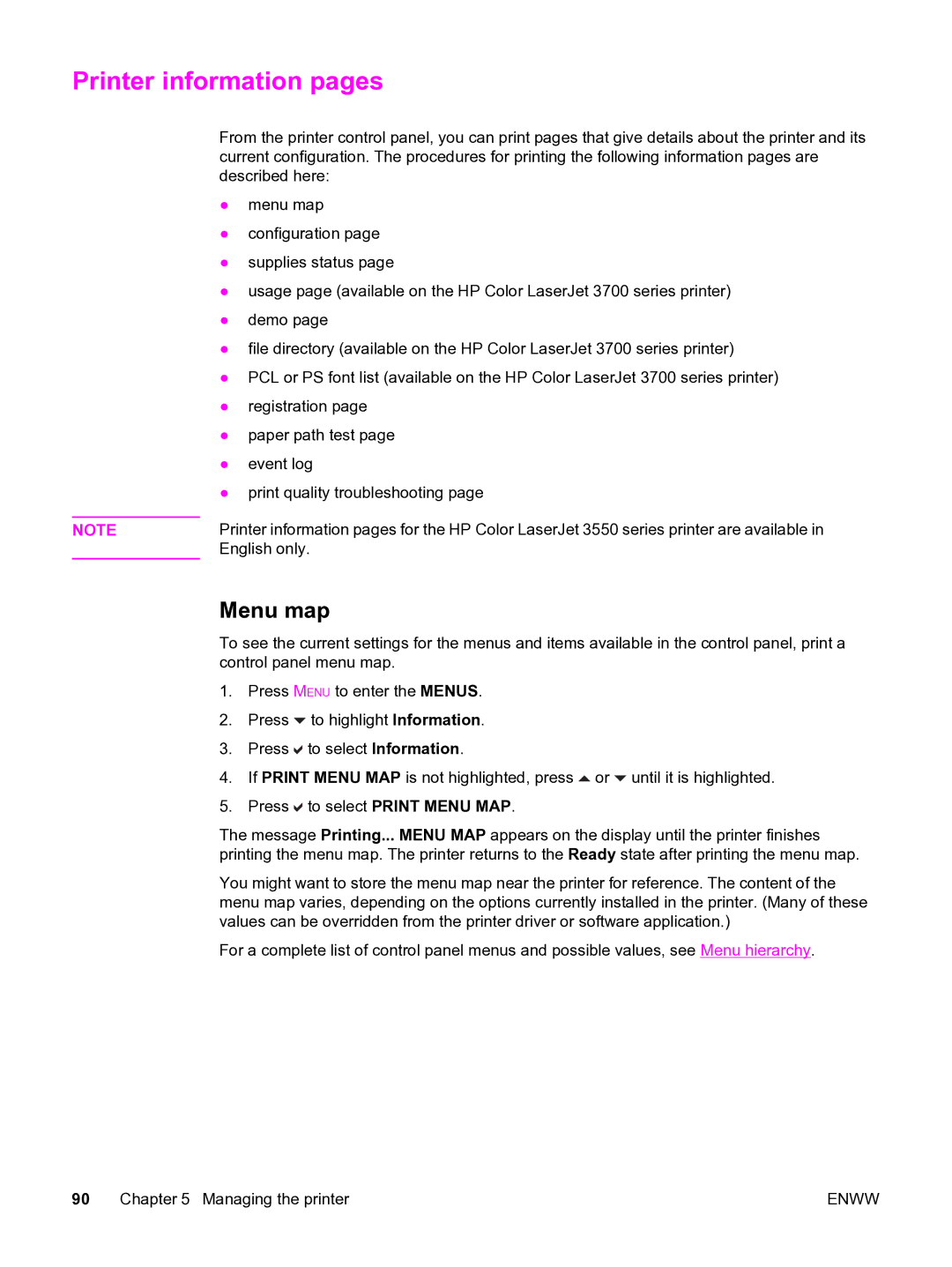 HP 3550 manual Printer information pages, Menu map, To select Print Menu MAP 