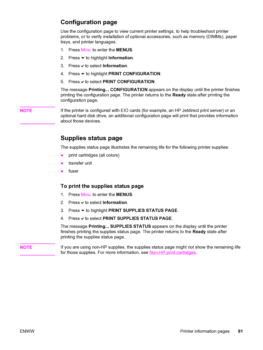 HP 3550 manual Supplies status, To print the supplies status, Press to select Print Configuration 