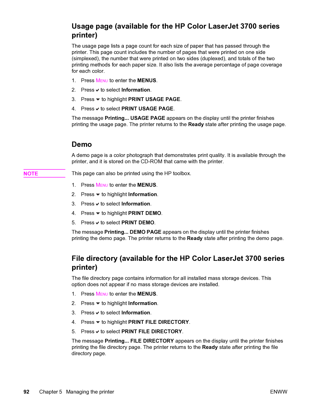 HP 3550 manual Demo, Press to select Print File Directory 