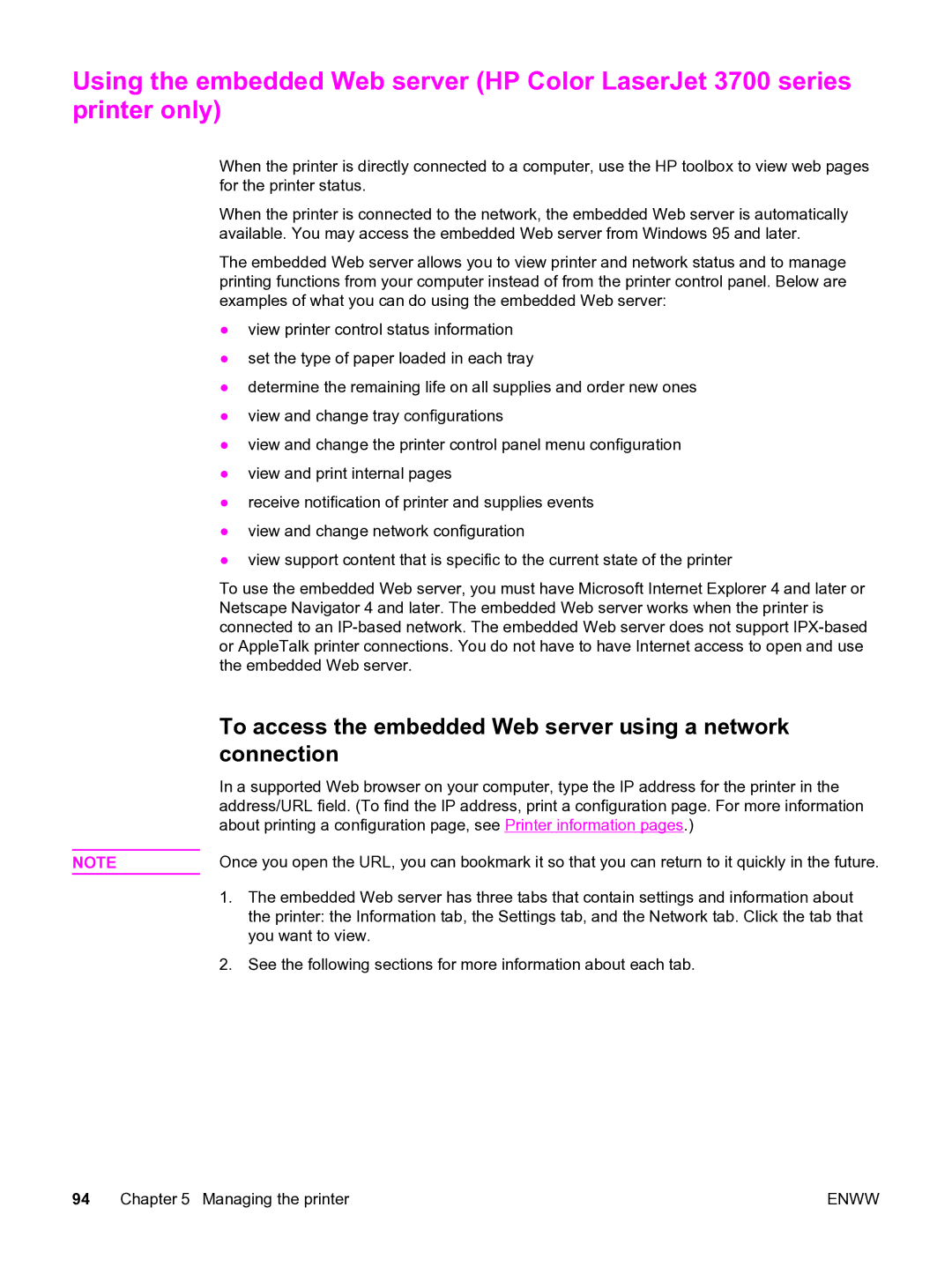 HP 3550 manual To access the embedded Web server using a network, Connection 