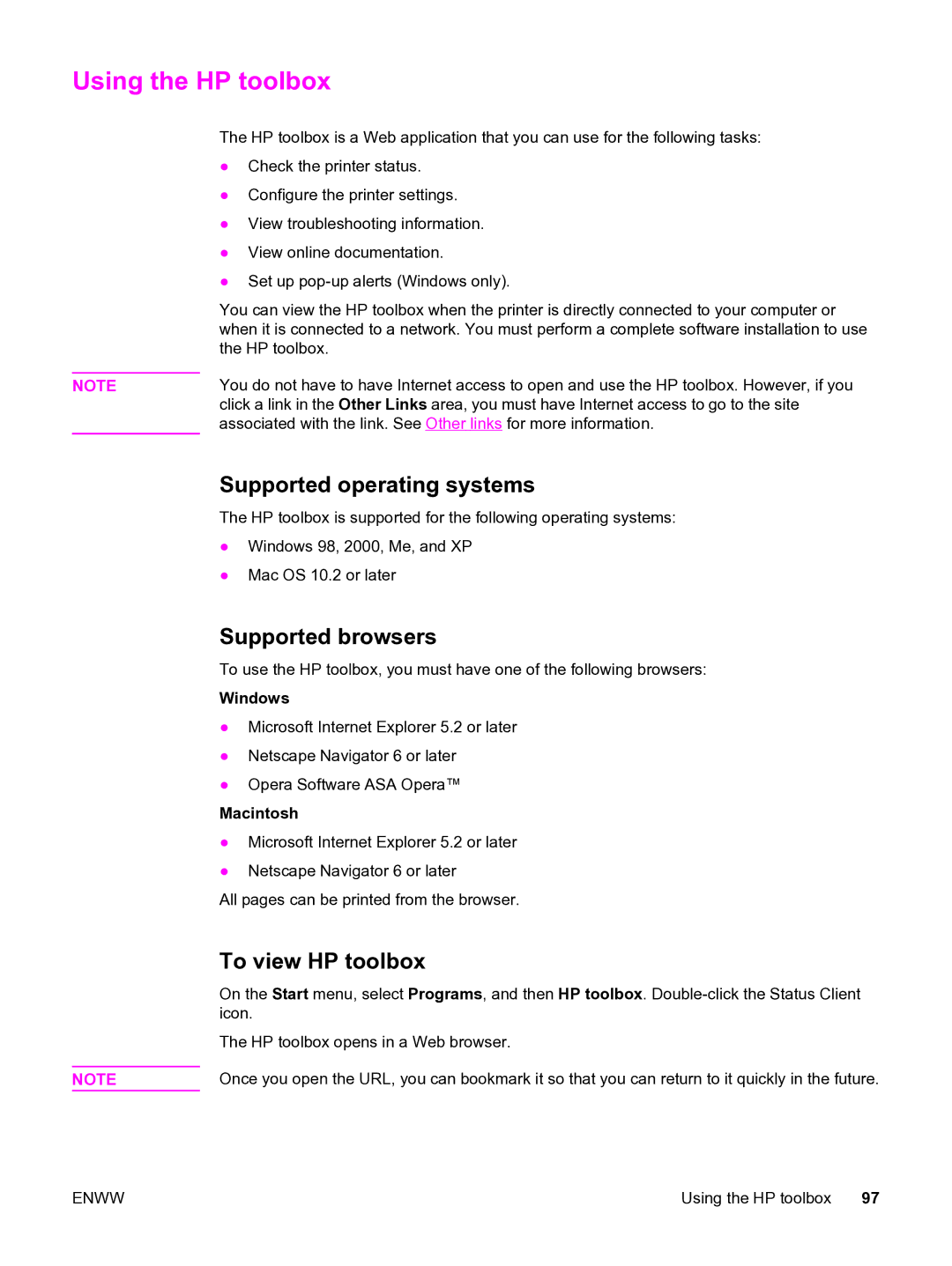 HP 3550 manual Using the HP toolbox, Supported operating systems, Supported browsers, To view HP toolbox 