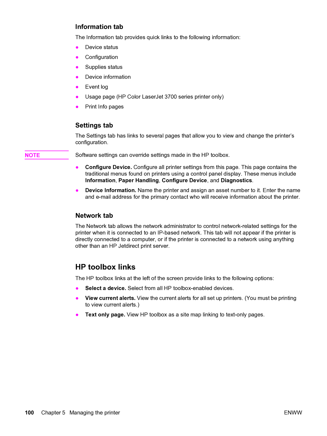 HP 3550 manual HP toolbox links, Information tab, Settings tab, Network tab 